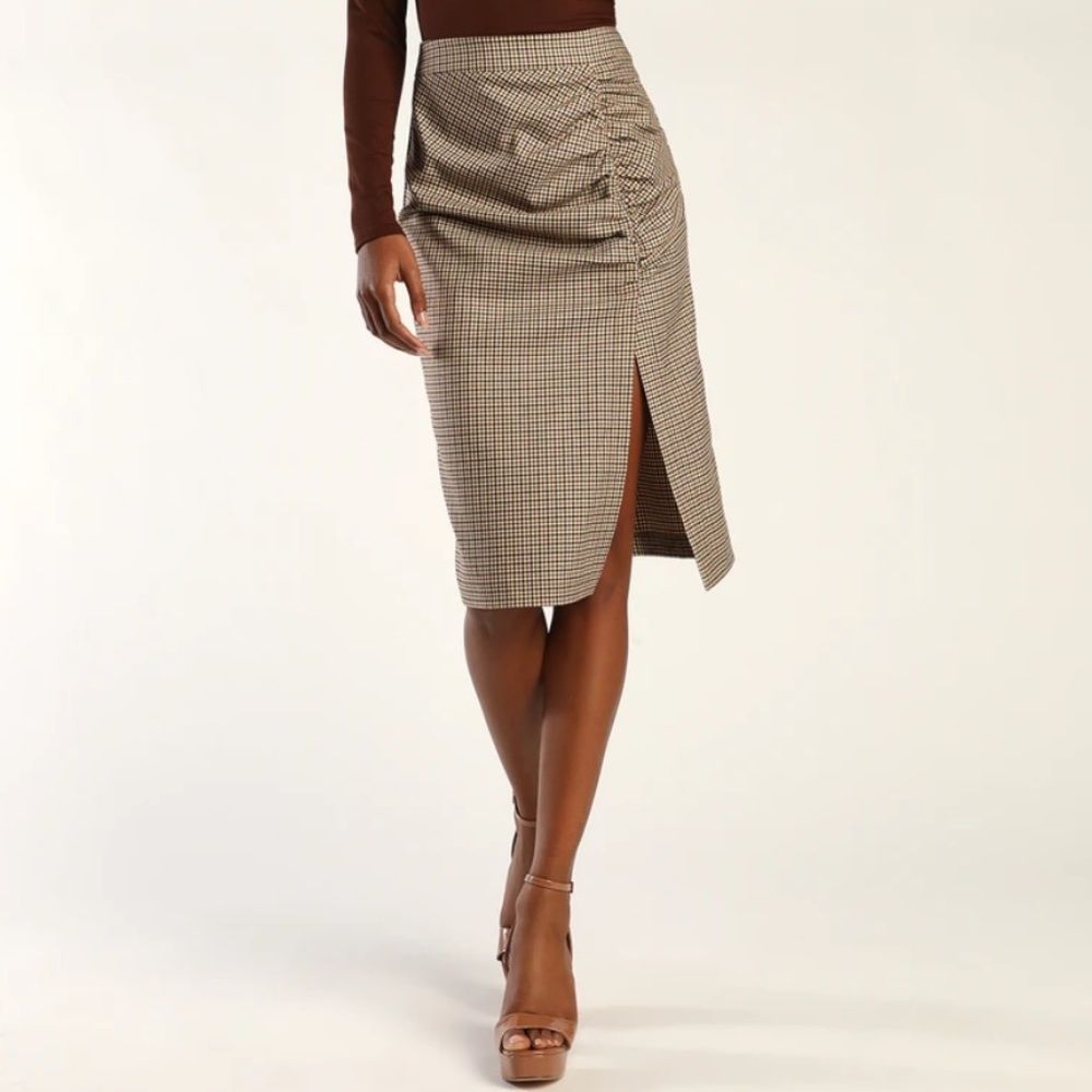 Lulus perfect business brown plaid ruched midi skirt